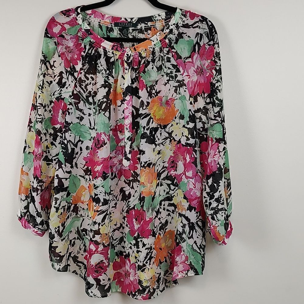 Ralph Lauren Semi Sheer Floral Long Sleeve Popover Blouse Size M Colorful